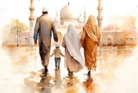 Keluarga menikmati fasilitas masjid dan taman di perumahan syariah